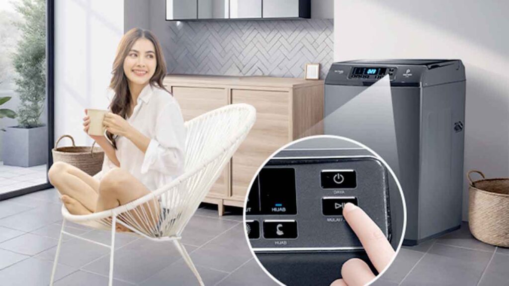 Ilustrasi sudut ruang rumah tangga modern dengan mesin cuci cerdas Polytron